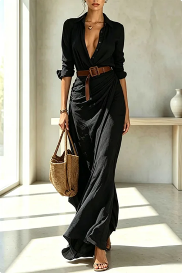 Vestido camisero largo City Sleek cruzado con botonadura sencilla, manga larga y abertura