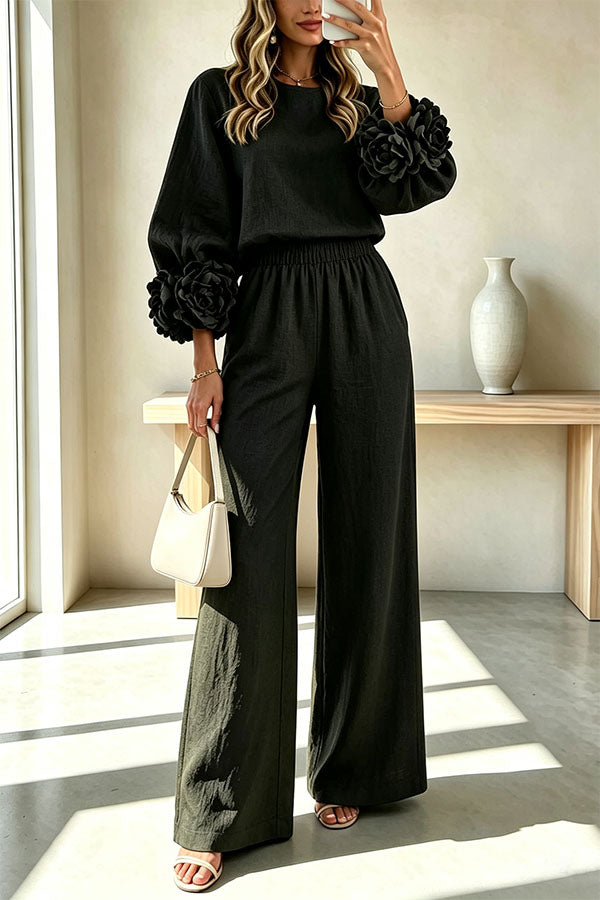Conjunto de mezcla de lino de blusa con puños florales y pantalón con cintura elástica y bolsillos