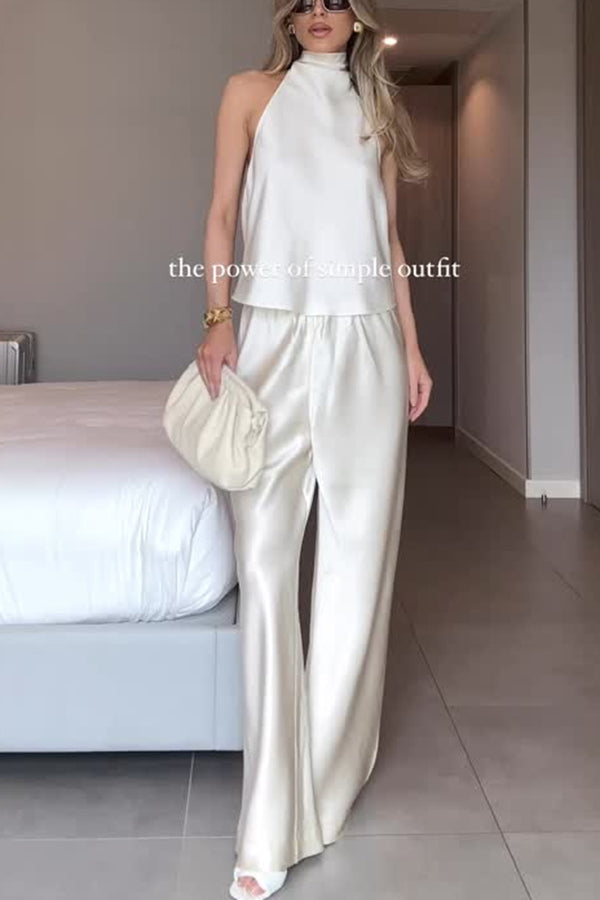 Conjunto Glamour Moderno de top halter de satén con lazada y pantalón ancho con cintura elástica