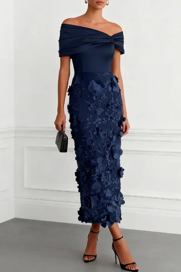 Vestido midi ajustado clásico con bordado floral 3D, hombros descubiertos y manga corta