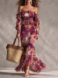 Vestido Maxi de Gasa Rosa Empolvado Floral con Hombros Descubiertos