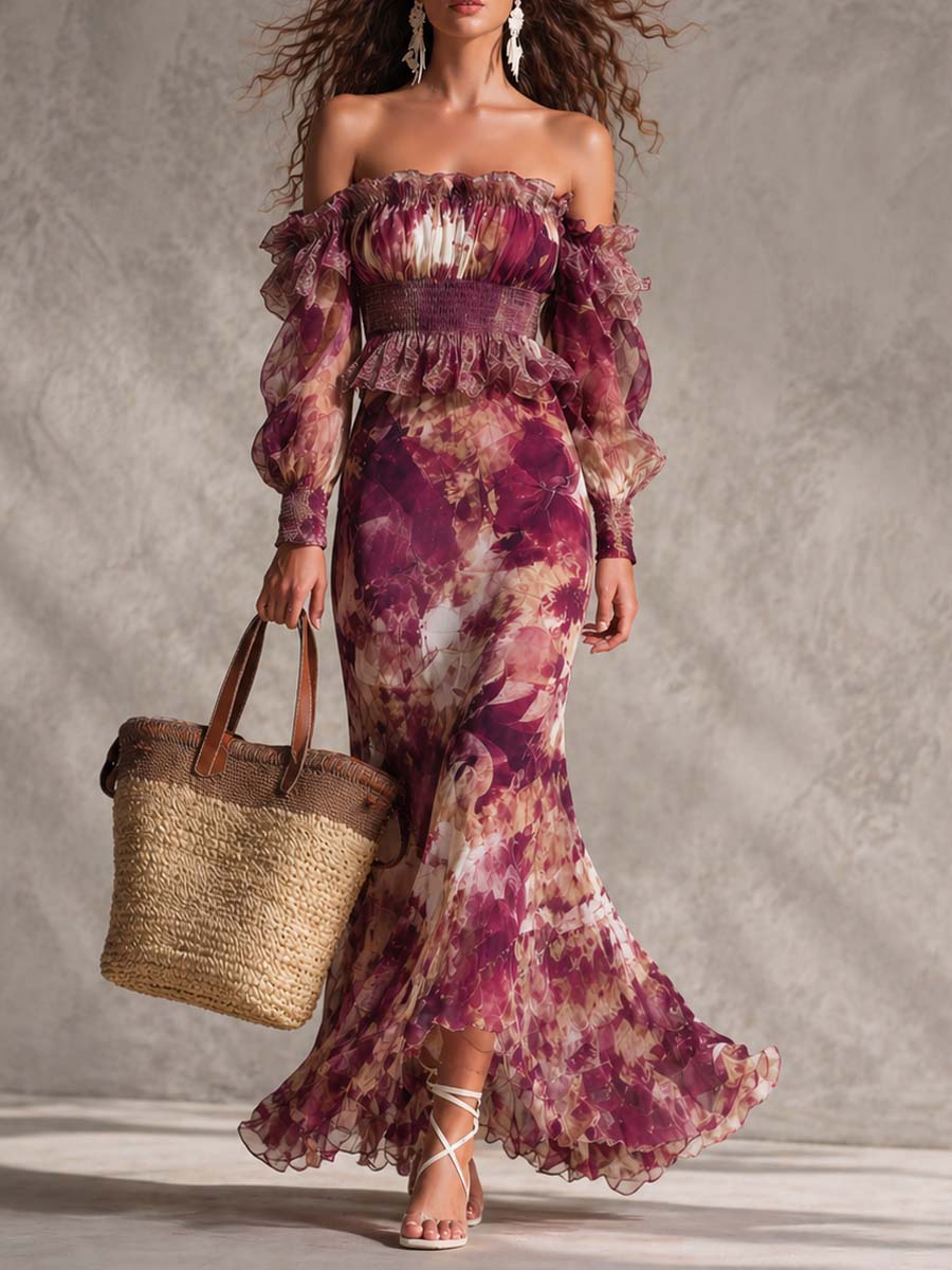 Vestido Maxi de Gasa Rosa Empolvado Floral con Hombros Descubiertos