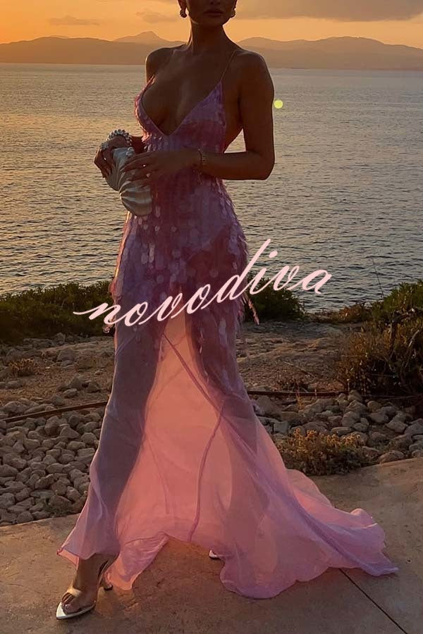 Vestido largo lencero Noche Perfecta de lentejuelas bordadas con espalda descubierta y bajo drapeado de tul