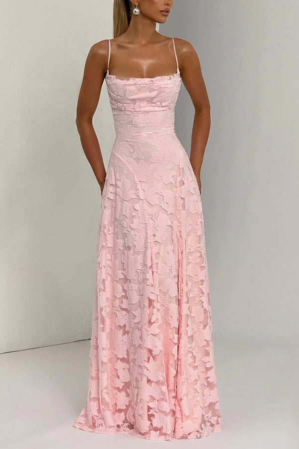 Vestido largo Francis de punto devoré floral con cuello caído y lazada en la espalda