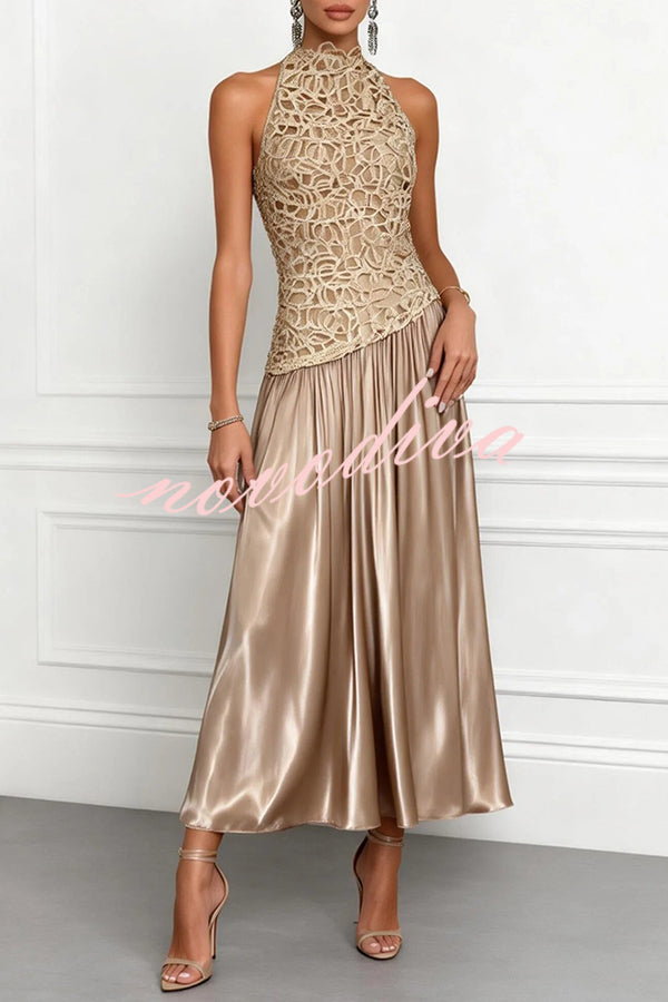 Vestido largo evasé de encaje y satén sin mangas y cuello redondo, ideal para galas de primavera