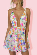 Minivestido evasé de lentejuelas con flores, escote en V, espalda abierta y lazada