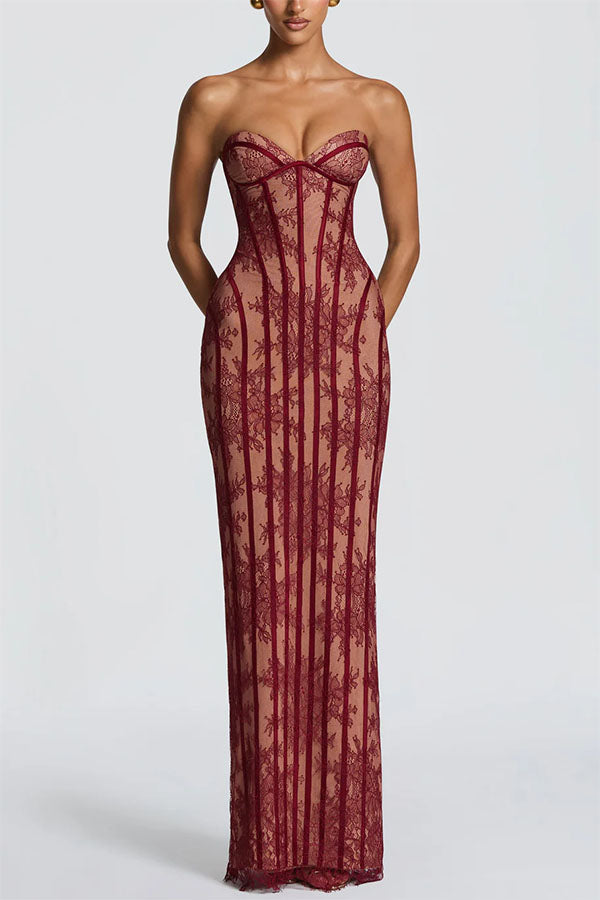 Vestido largo Sian palabra de honor de encaje floral con detalle estructurado en contraste, abertura y lazada en la espalda
