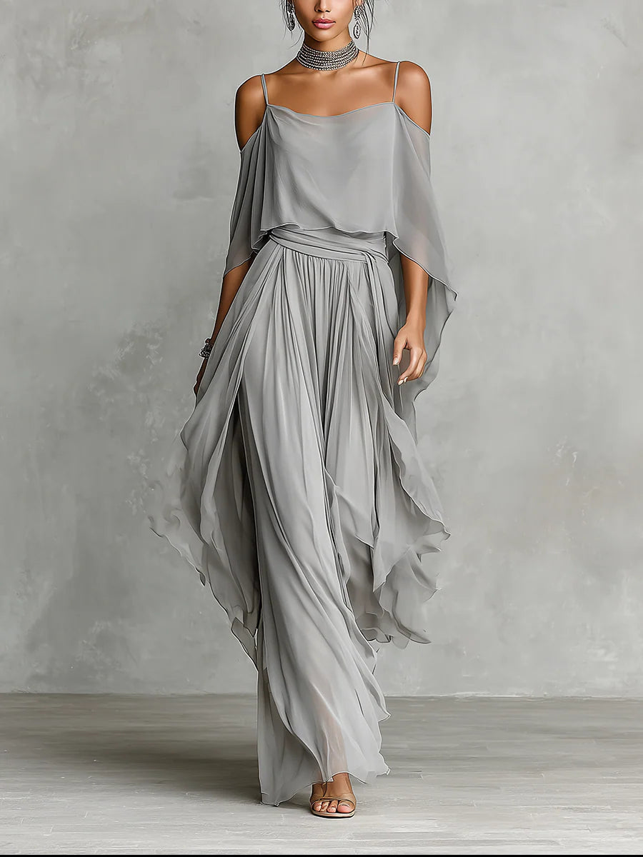 Isabella | Conjunto de top fluido gris y pantalones de gasa • S1