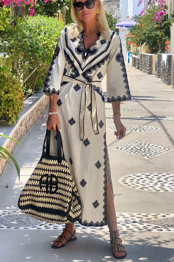 Vestido midi Ambiente Tranquilo de mezcla de lino con estampado étnico y cinturón