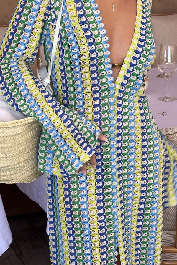 Vestido largo de vacaciones Bondi Beach de punto con estampado de olas de colores y manga larga