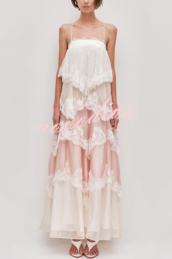 Vestido largo Caroline degradado con volantes escalonados, ribete de encaje, tirantes ajustables, espalda descubierta y corte en A