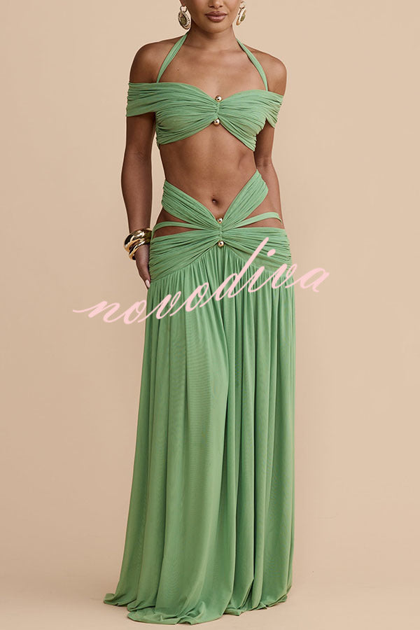 Falda larga Martina de malla elástica con detalle metálico dorado, fruncida y con abertura en la cintura, ideal para vacaciones