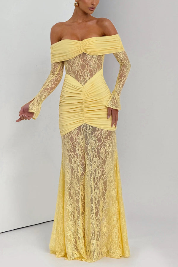 Vestido largo ajustado de color liso con hombros descubiertos, encaje, manga larga y plisado