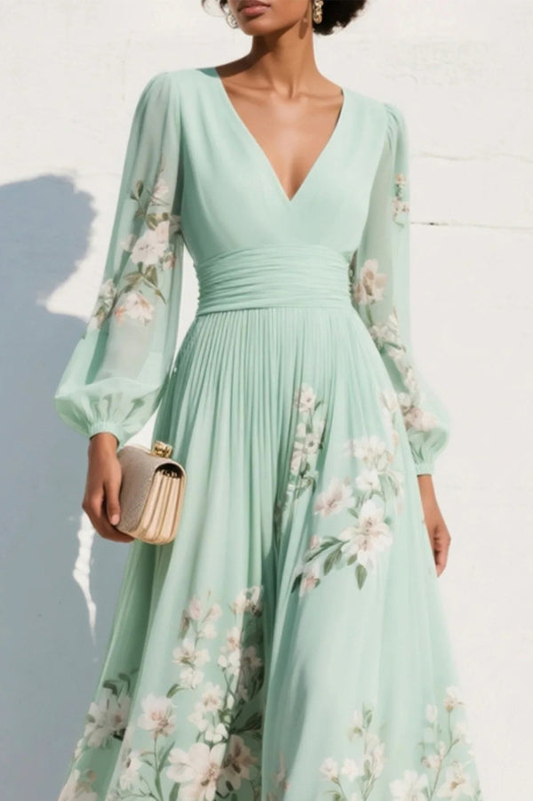Vestido largo casual con estampado floral, escote en V, manga larga y cintura entallada