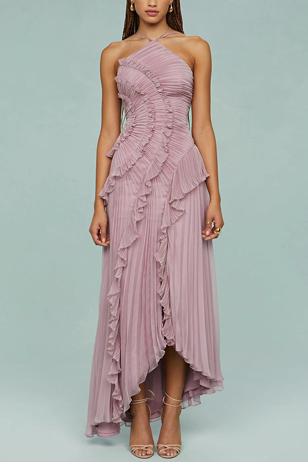 Vestido largo de gala halter Dream Ode con pliegues y volantes estilo nenúfar