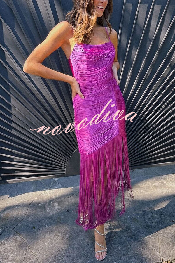 Vestido largo lencero Cocktail Party con flecos, cuello caído, sin mangas y bajo drapeado