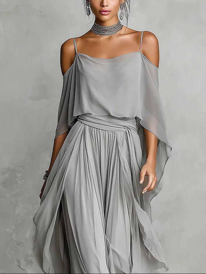Isabella | Conjunto de top fluido gris y pantalones de gasa • S1