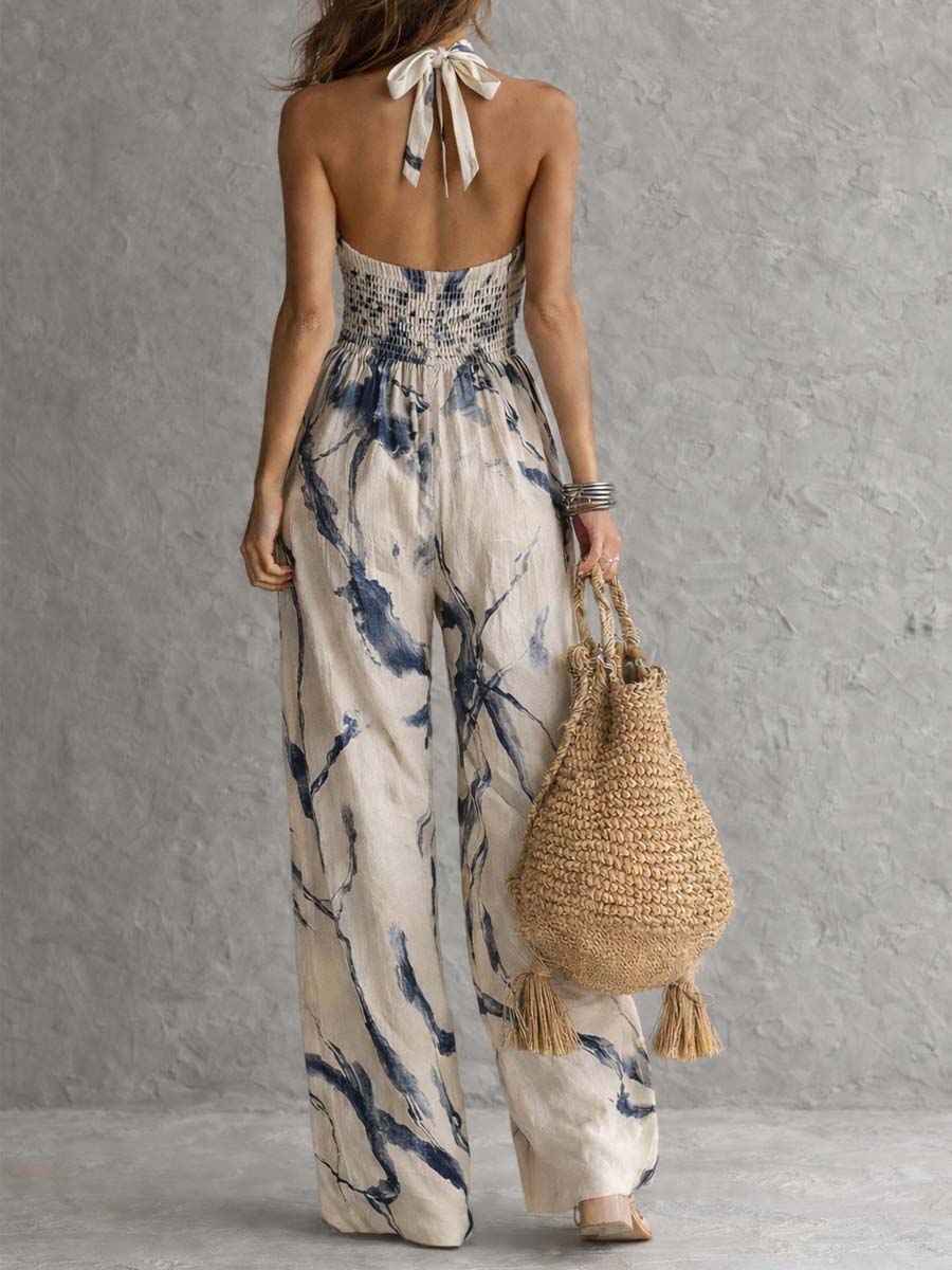 Mono de Pierna Ancha con Cuello Halter, Estampado de Tinta Aguada y Bolsillos