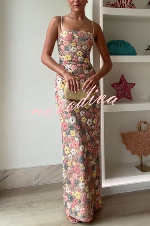 Vestido largo elástico de tirantes con lentejuelas, estampado floral inspiración años 80 y escote cuadrado