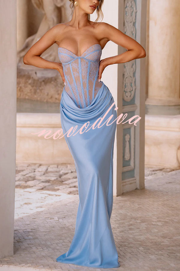 Vestido largo Kathleen palabra de honor de encaje floral con detalle estructurado en contraste, lazada en la espalda y bajo de satén