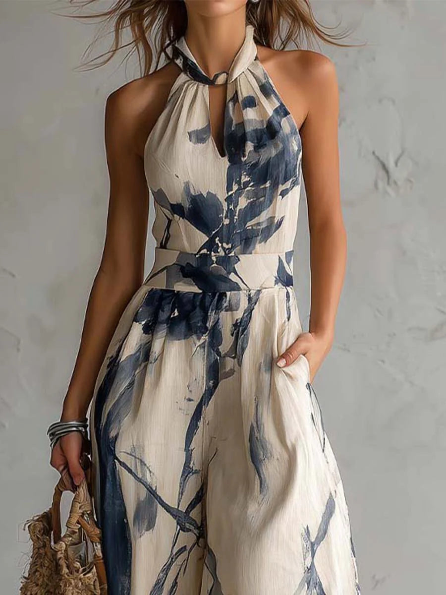 Mono de Pierna Ancha con Cuello Halter, Estampado de Tinta Aguada y Bolsillos