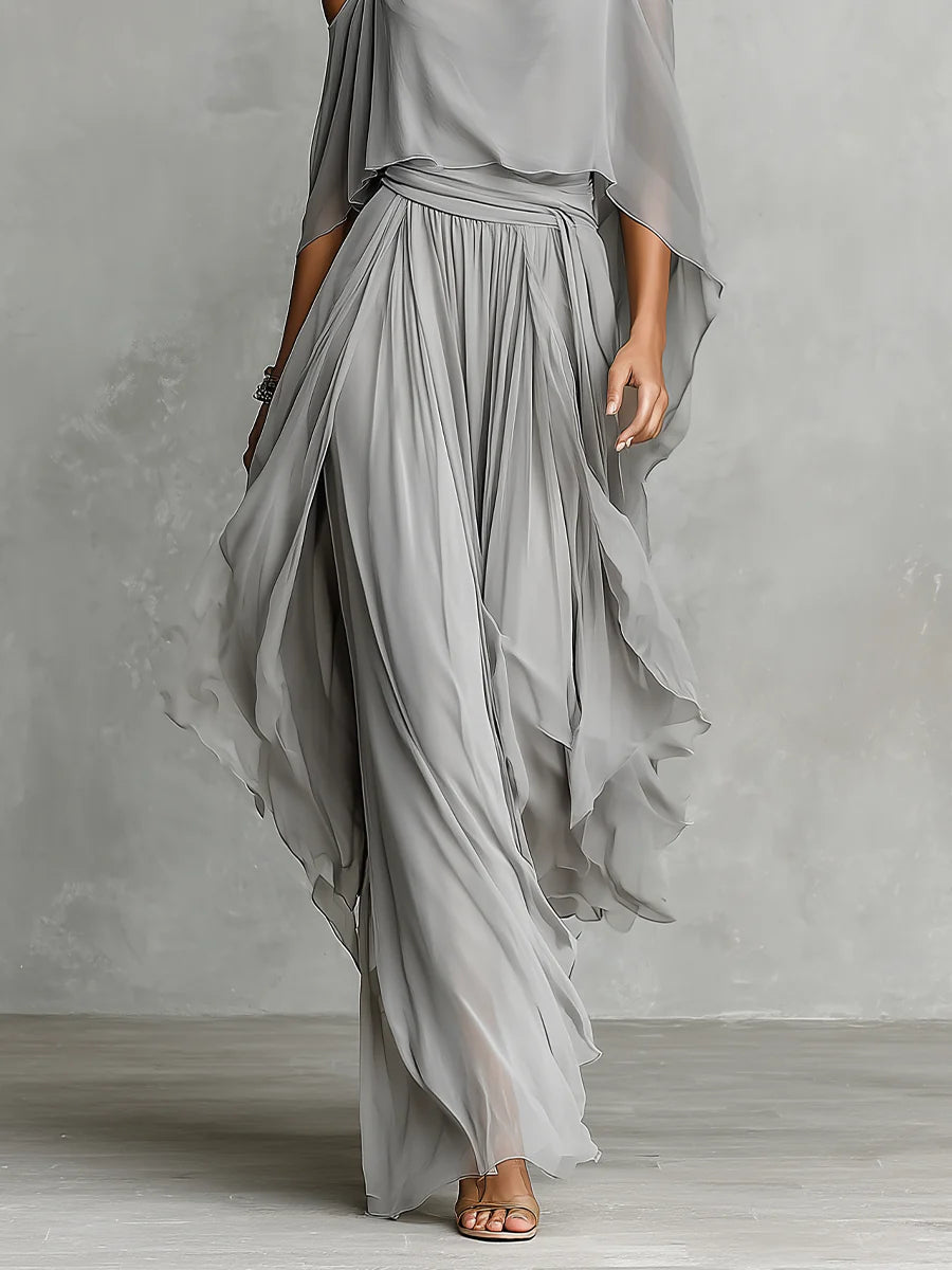 Isabella | Conjunto de top fluido gris y pantalones de gasa • S1
