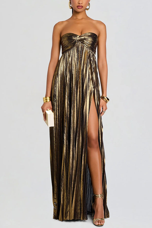 Vestido largo sexy metalizado palabra de honor plisado con abertura alta
