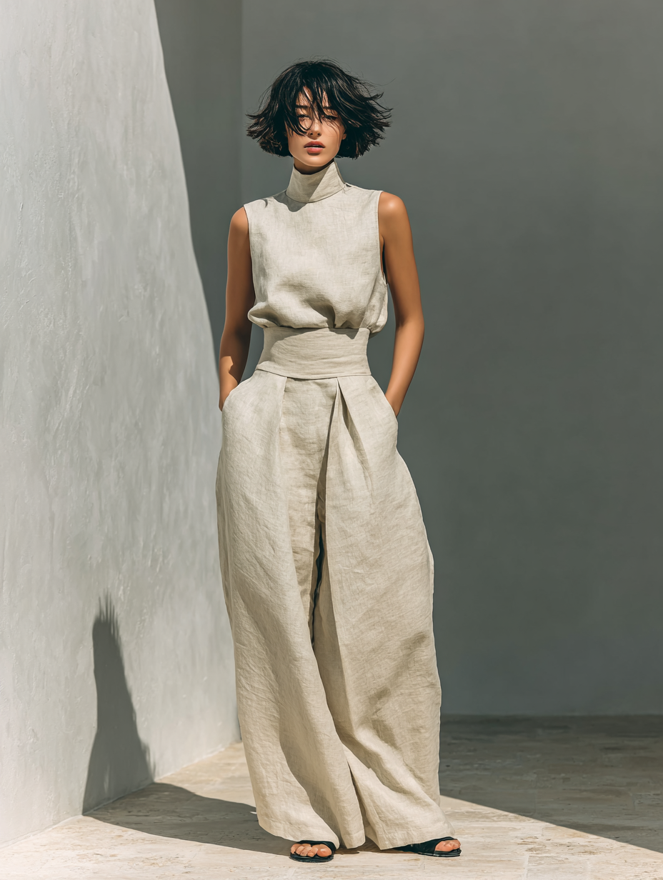 Conjunto Minimalista para Mujer con Blusa Sin Mangas y Pantalón de Pierna Ancha