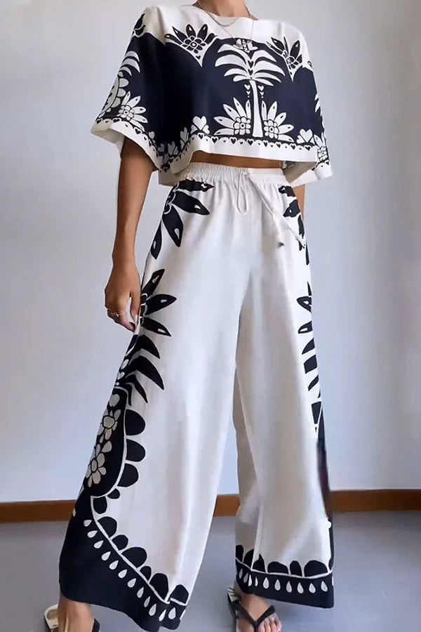 Conjunto Exotic Holiday de top holgado con estampado étnico y pantalón ancho con cintura elástica