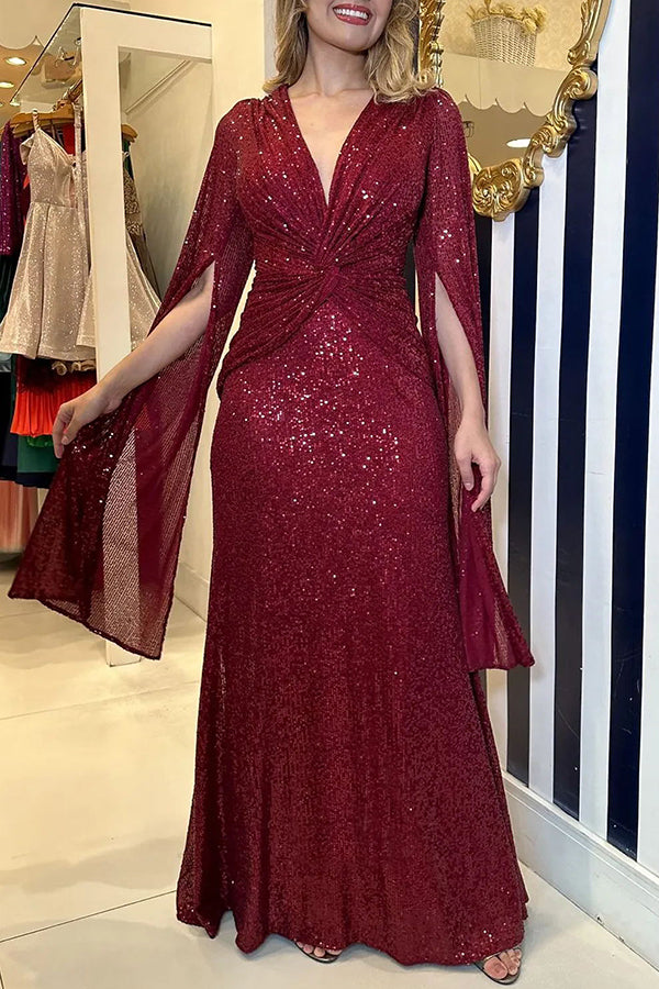 Vestido largo de noche Brilla Más de lentejuelas con manga capa y cintura cruzada
