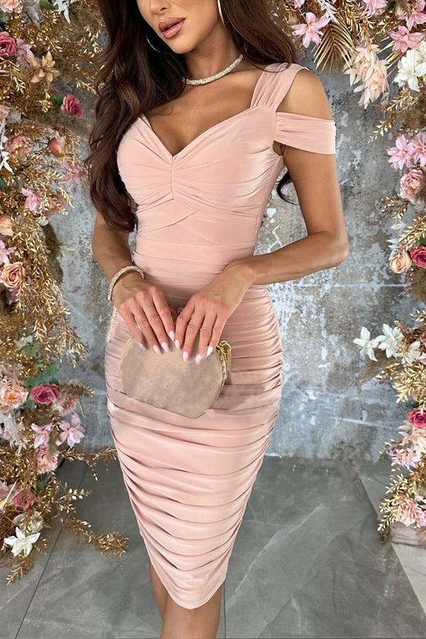 Vestido midi lápiz Brindemos con hombros descubiertos y fruncido