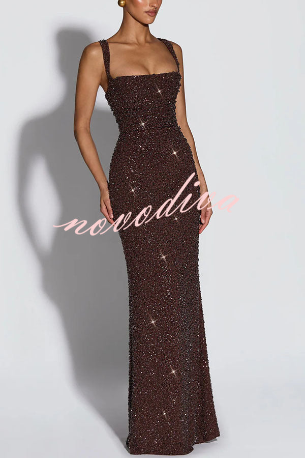 Vestido largo Calanthe de gasa con lentejuelas, fruncido, escote cuadrado y lazada en la espalda