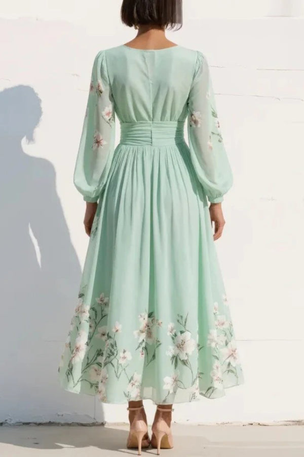 Vestido largo casual con estampado floral, escote en V, manga larga y cintura entallada