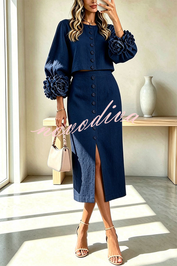 Conjunto de mezcla de lino de blusa con botones de flor y puños florales y falda midi con cintura elástica y bolsillos