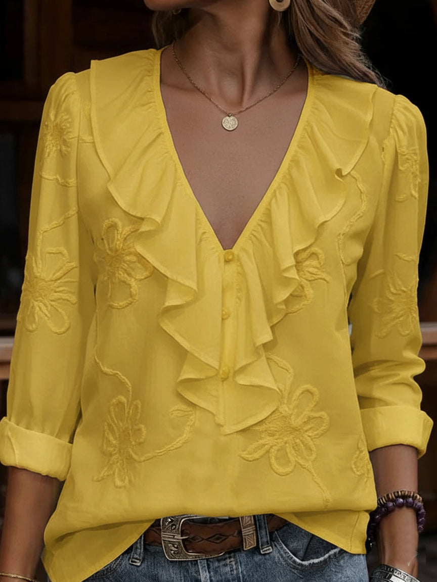 CELESTINE | CAMISA DE CUELLO PICO CON VOLANTE Y BORDADO FLORAL VINTAGE