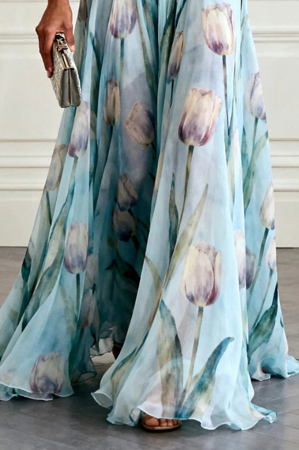 Vestido largo elegante con estampado de tulipanes, escote en V, sin mangas y cintura marcada