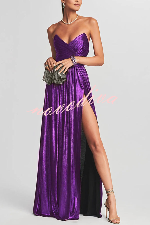 Vestido largo Temperamento de Diosa de tejido metalizado plisado con hombros descubiertos y abertura