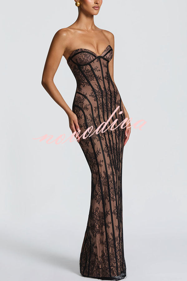 Vestido largo Sian palabra de honor de encaje floral con detalle estructurado en contraste, abertura y lazada en la espalda