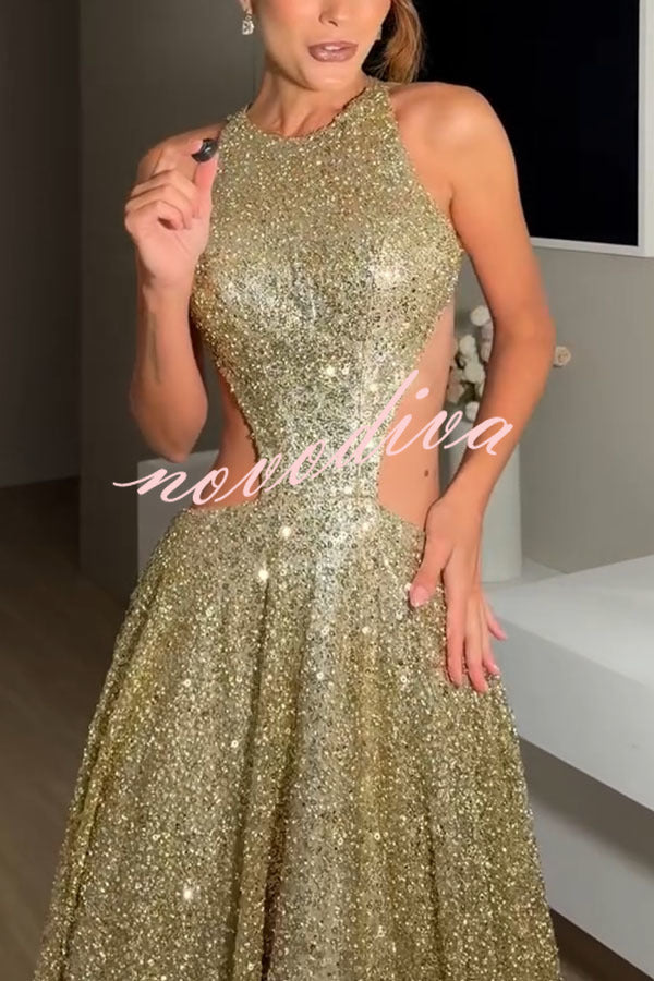Vestido largo con vuelo Dazzling Night de lentejuelas con cuello redondo, abertura en la cintura y espalda descubierta