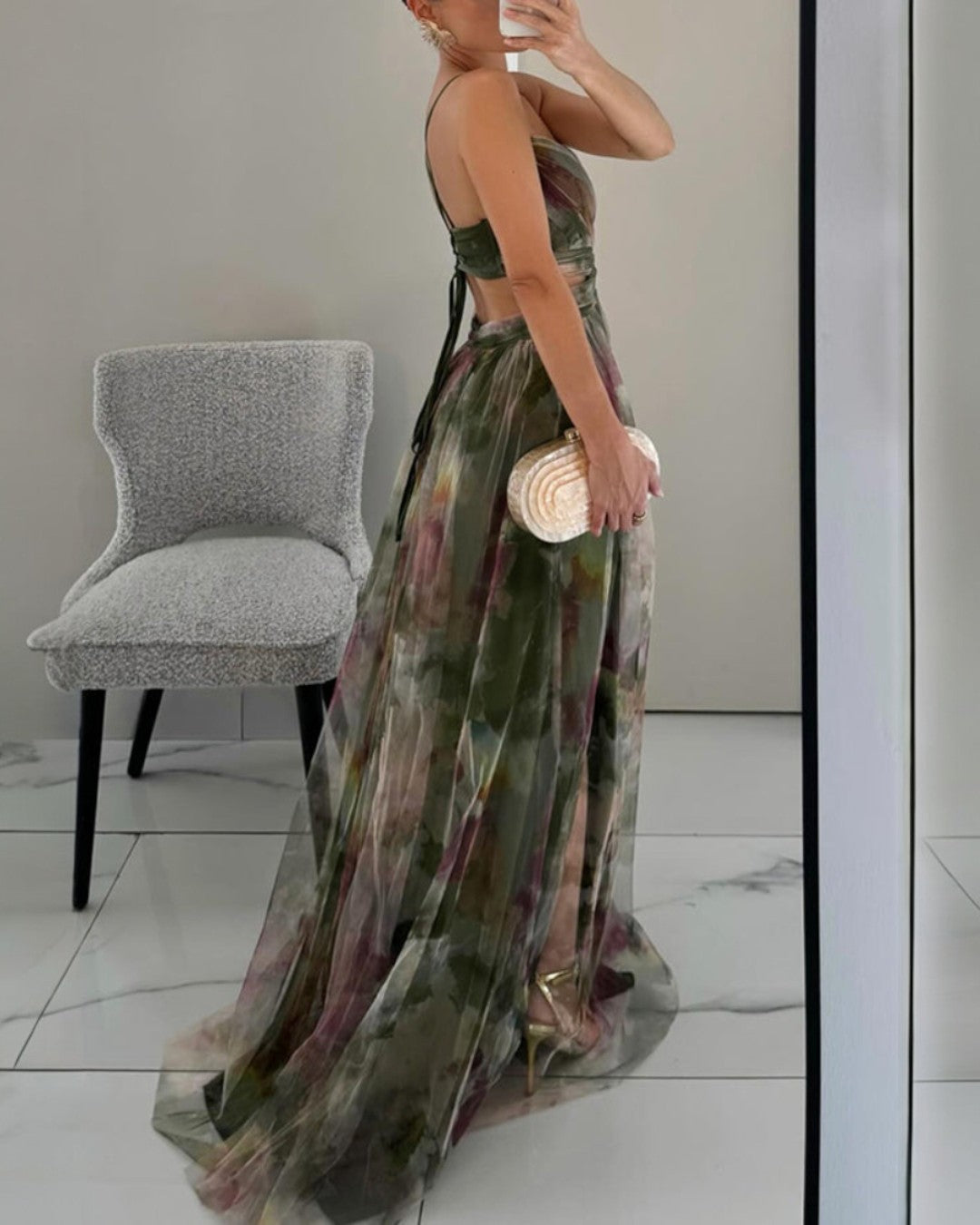 Bryony | Vestido largo de gasa con estampado acuarela