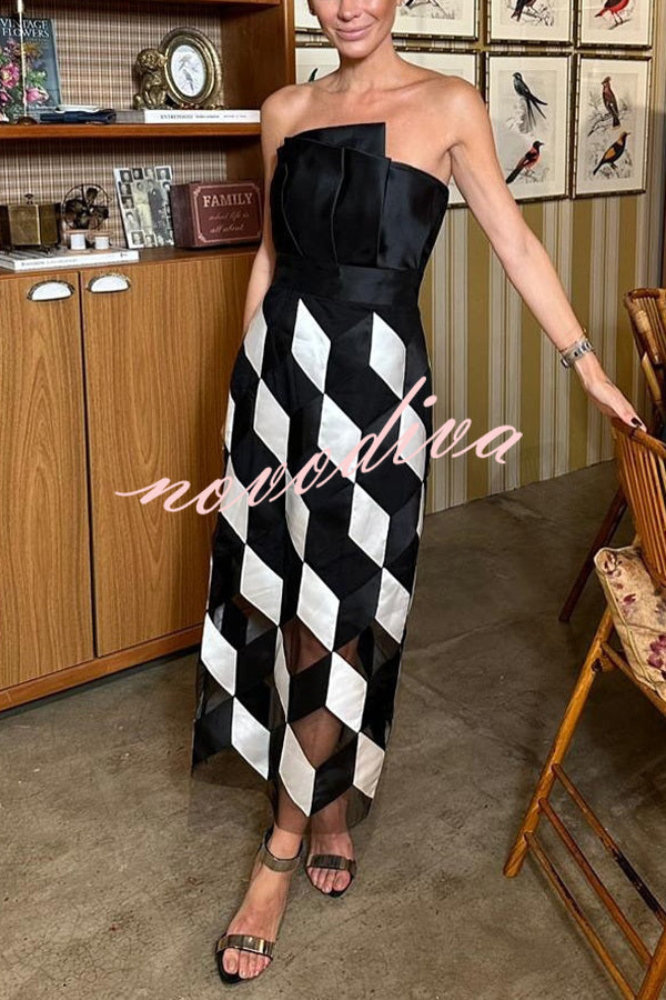 Vestido midi sexy palabra de honor con espalda descubierta y rombos en contraste
