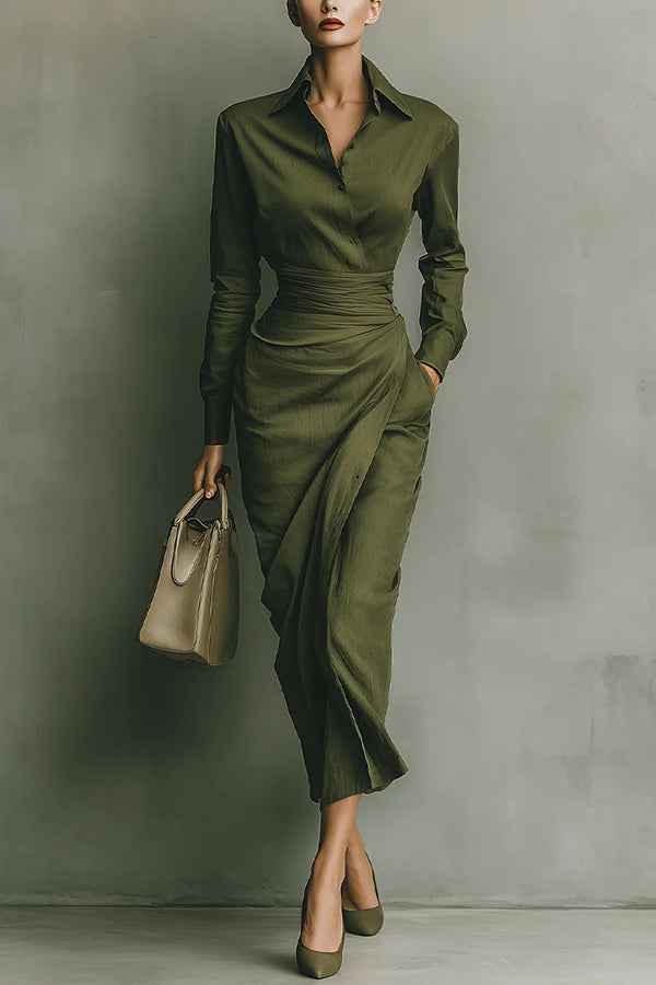 Vestido midi asimétrico ajustado de color liso con solapas, manga larga y bolsillos