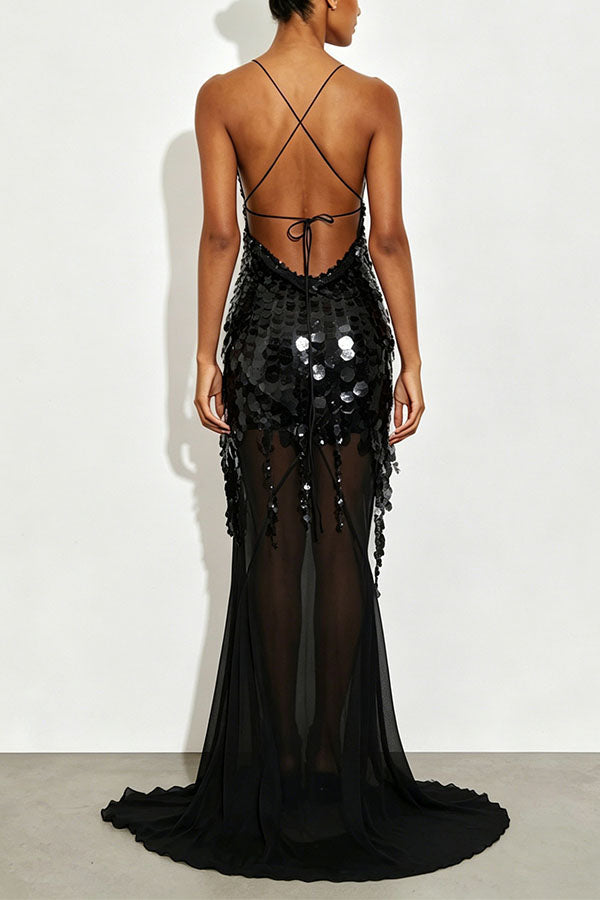 Vestido largo lencero Noche Perfecta de lentejuelas bordadas con espalda descubierta y bajo drapeado de tul