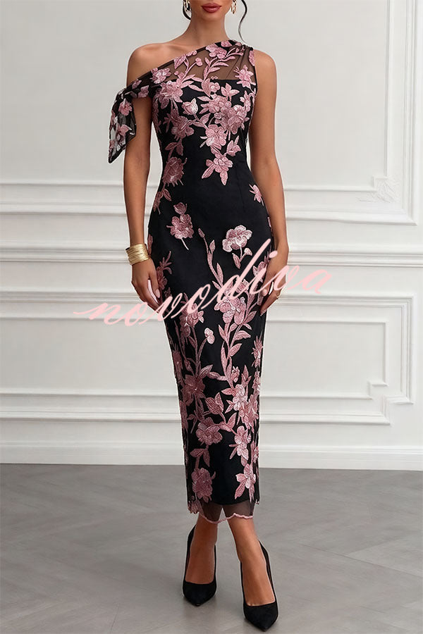 Vestido largo recto Kylen de encaje con bordado floral y lazo, asimétrico de un hombro y sin mangas