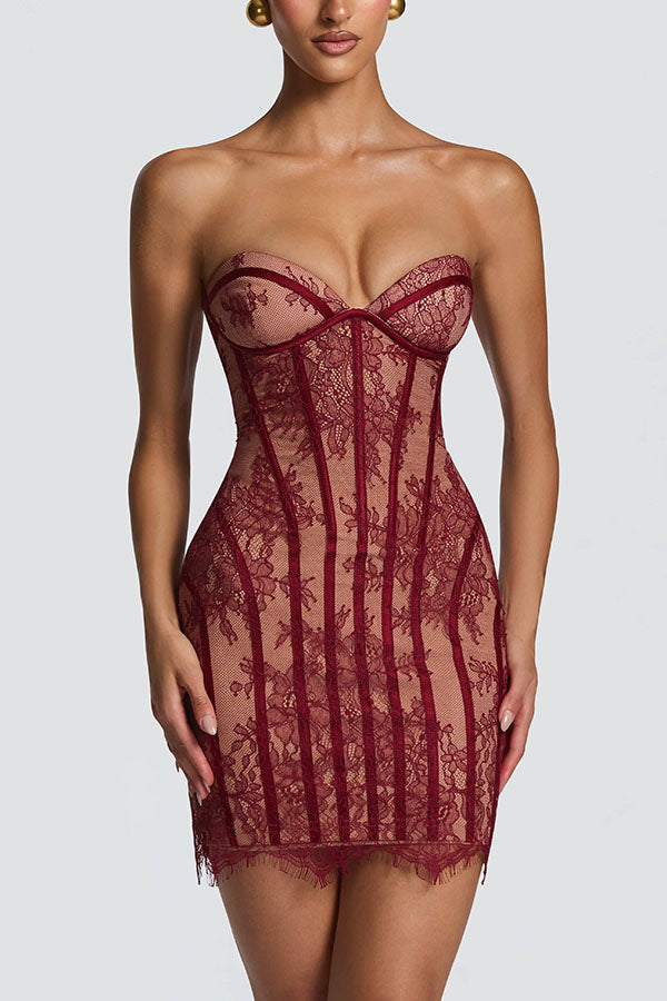 Minivestido Jaya palabra de honor de encaje floral con detalle estructurado en contraste, abertura y lazada en la espalda