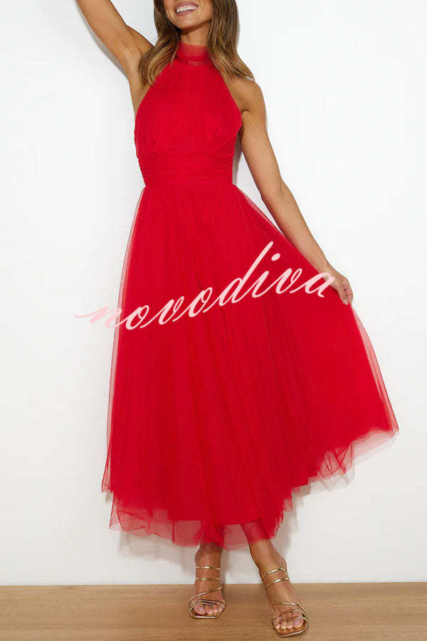 Vestido largo halter Fairy Vibes de tul con detalle fruncido