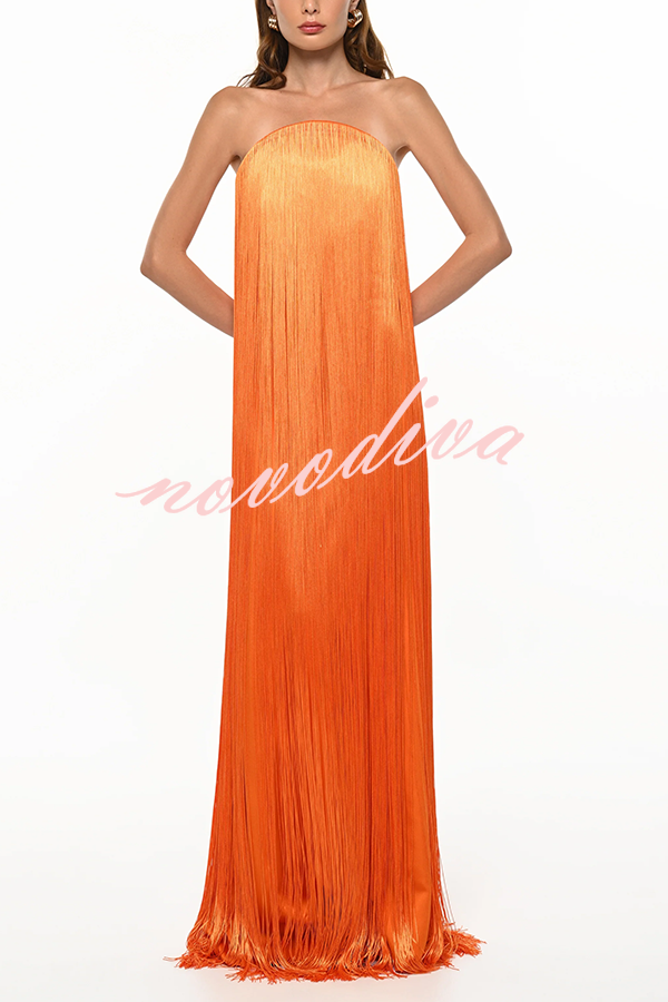 Vestido largo de gala hasta el suelo Dreamy Eye-catching con flecos brillantes y hombros descubiertos
