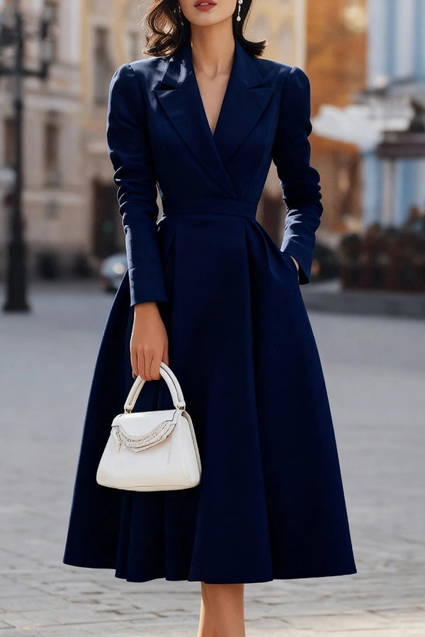 Vestido midi de color liso con solapas, manga larga, cintura marcada y bolsillos