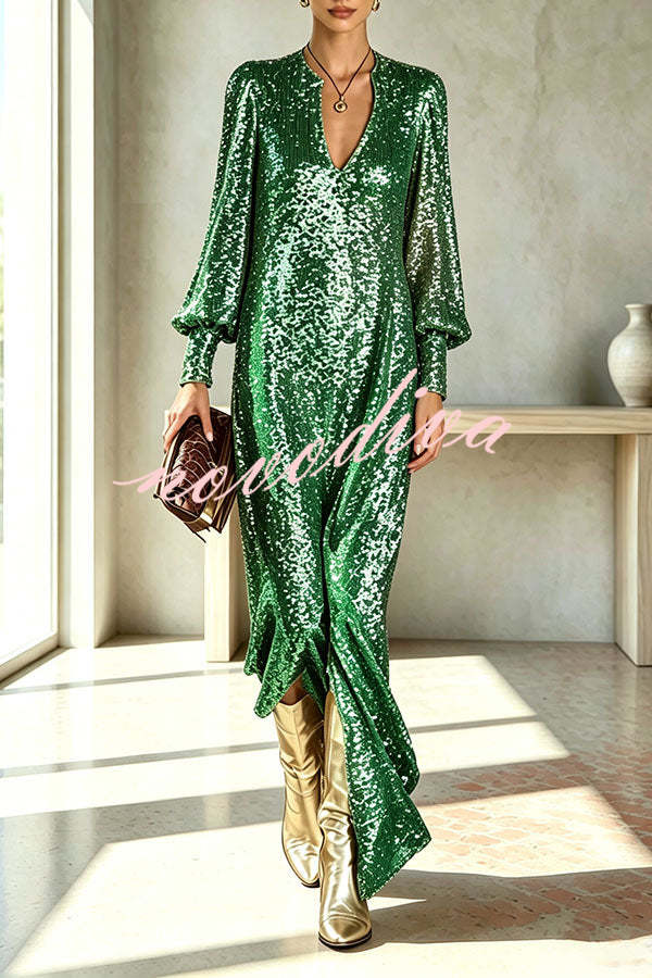Vestido largo de fiesta Minimalista Brillante de lentejuelas con escote de pico, manga larga globo y abertura