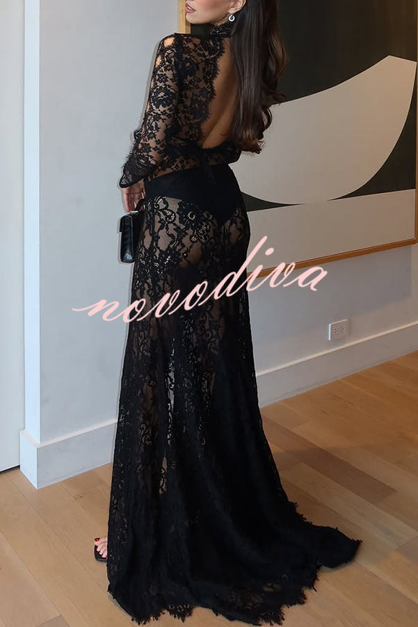 Vestido largo elástico Dark Night Charm de encaje transparente con aberturas y manga larga
